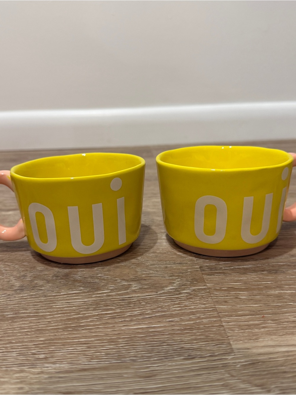 Clare V Yellow 'OUI' Ceramic Mug Pair with Pink Handles